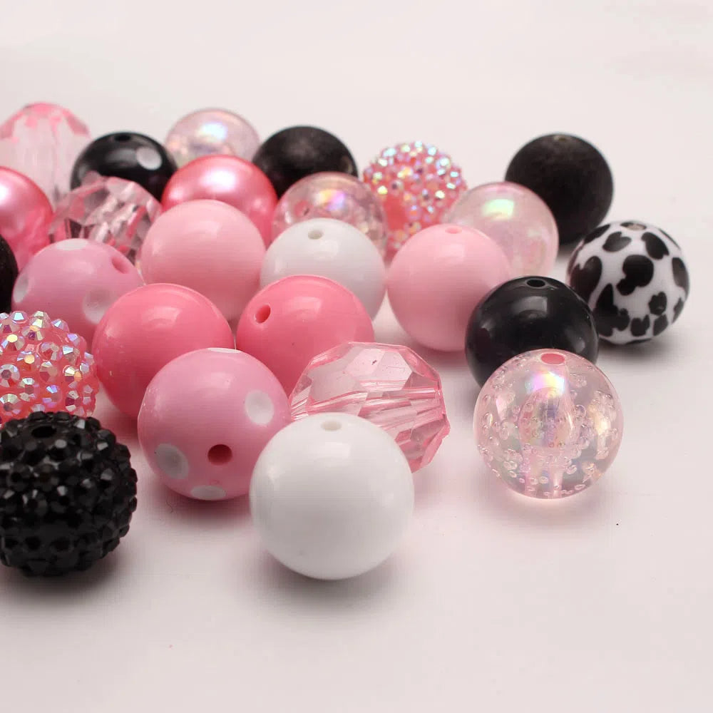Bubblegum Beads 20mm Pink Black Cow Print Glossy Matte Chunky Mix 50pcs 2