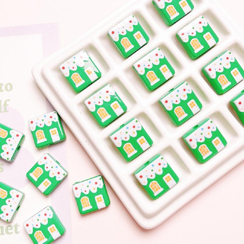 Christmas Square Acrylic Beads 16mm Gingerbread House Design 10pcs 9