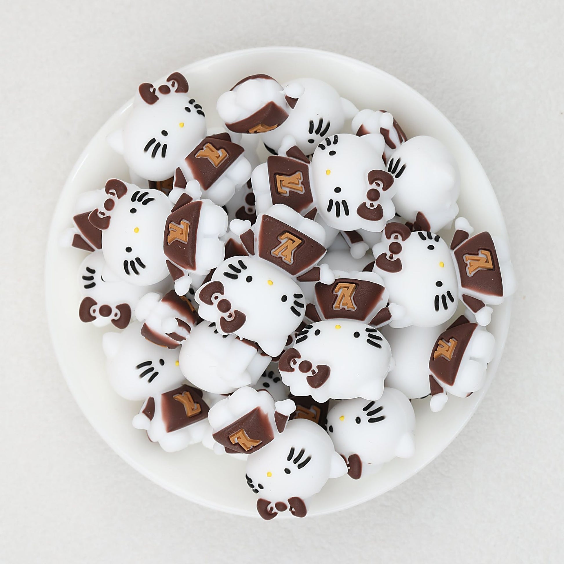 3D Brown Cat Face Silicone Focal Beads with LV Design 20pcs