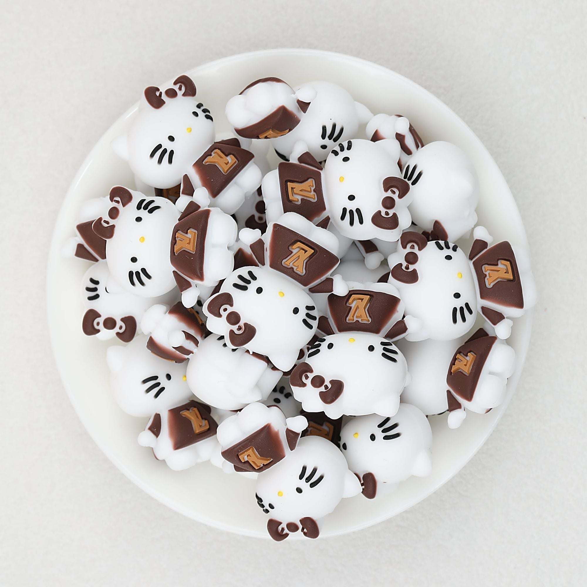 3D Brown Cat Face Silicone Focal Beads with LV Design 20pcs