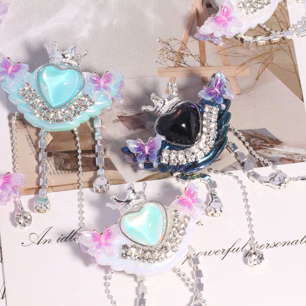 Crown Heart Tassel Rhinestone Beads 27x36mm 6pcs 3