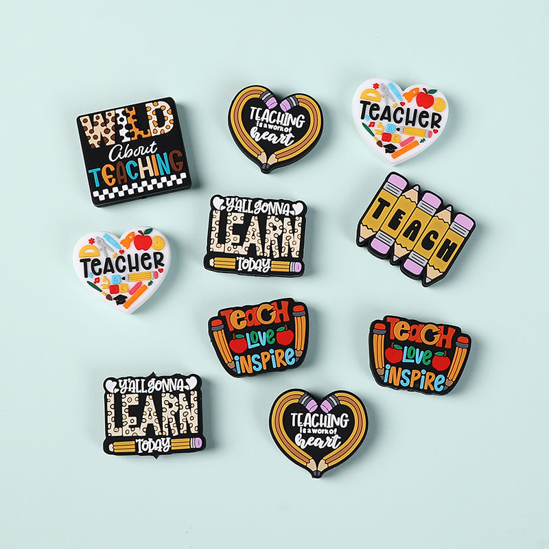 Silicone Focal Beads Teachers Day Heart Shaped Text Motifs 20pcs 2