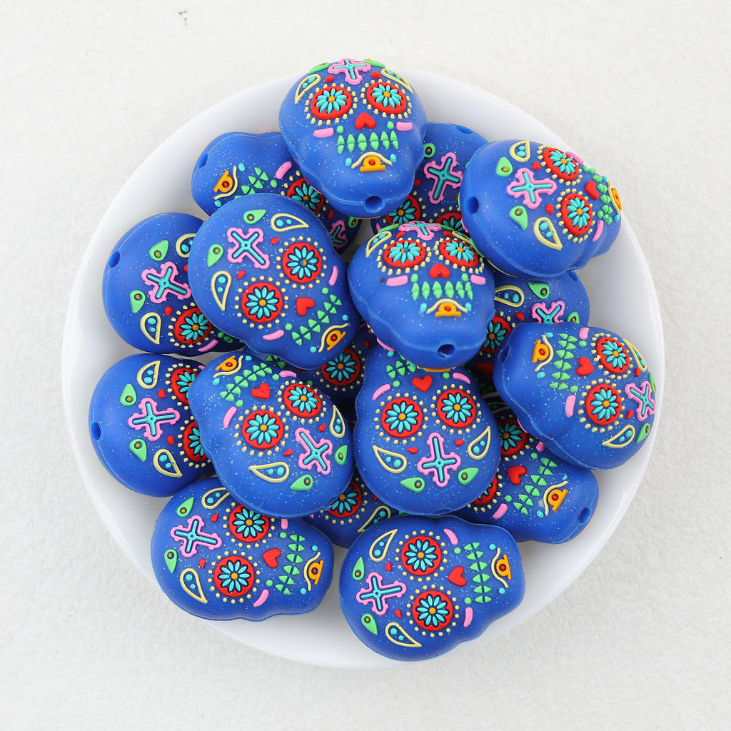 3D Sugar Skull Silicone Focal Beads Wholesale, Raised Floral Cross Royal Blue Colorful Details