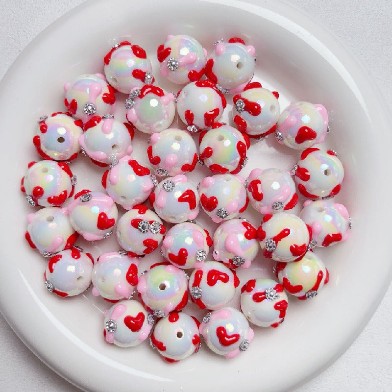 Hand Painted Rhinestone Flower Acrylic Round Beads 16mm 5pcs 9