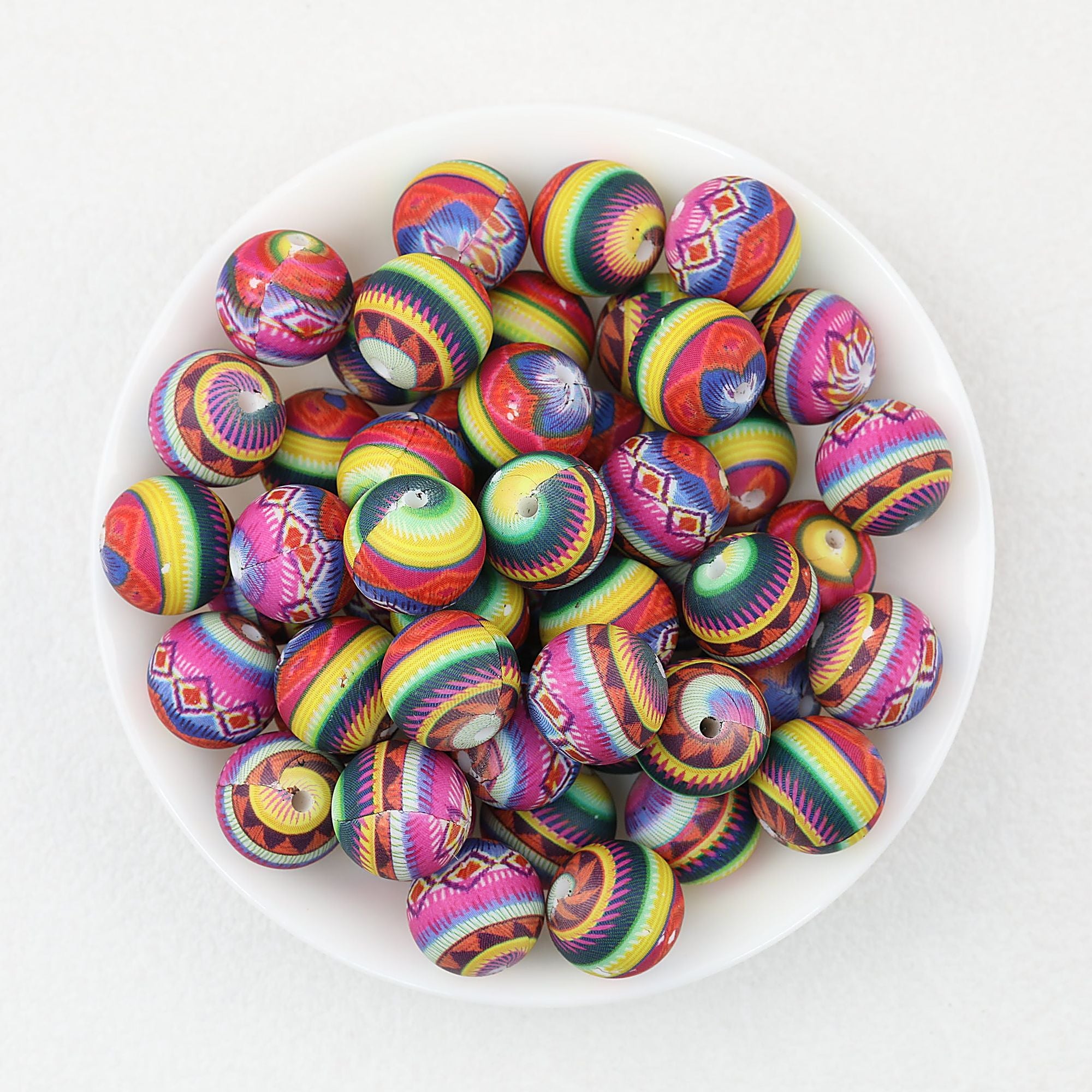 Colorful 15mm Printed Round Silicone Beads with Flower Patterns 50pcs - Ethnic Style