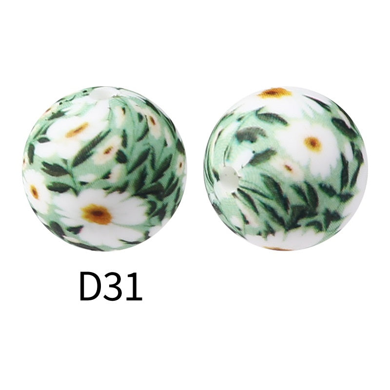 50Pcs 15mm Colored pattern printed silicone beads 33