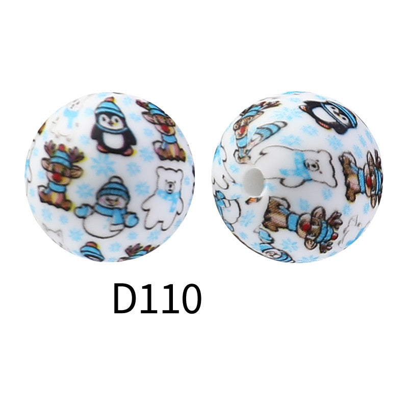 15mm Round Silicone Beads Floral Pattern Printed Design 50pcs 12
