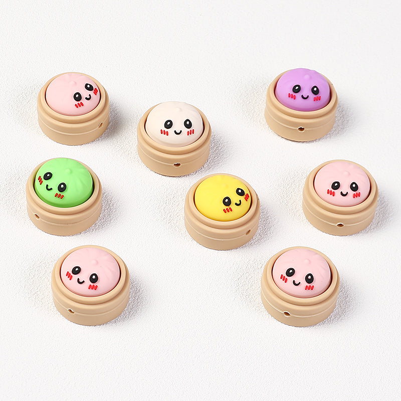 Smiling 3D Dumplings Silicone Focal Beads with Steamer 20pcs