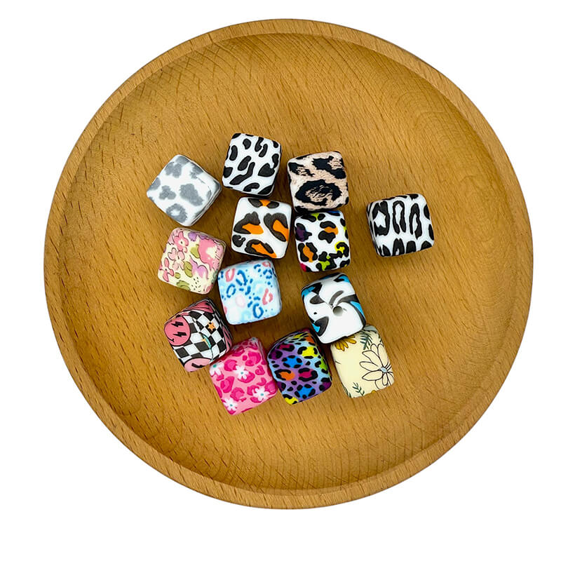 13.5mm Square Silicone Beads Printed Designs Mix 50pcs