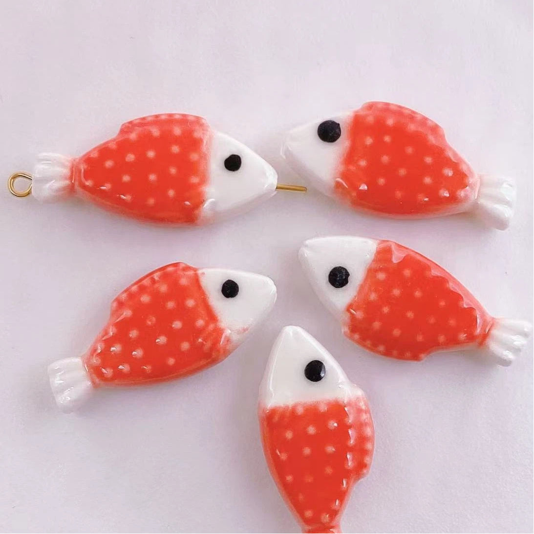Hand Painted Fish Ceramic Beads 29mm Spotted Colorful 5pcs 11