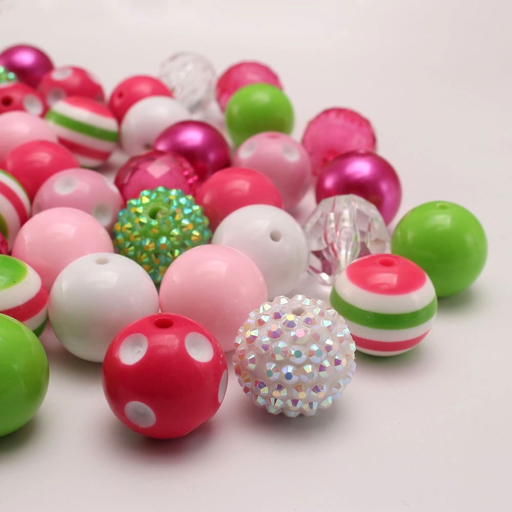 Bubblegum Beads 20mm Green Pink White Rhinestone Chunky Mix 50pcs