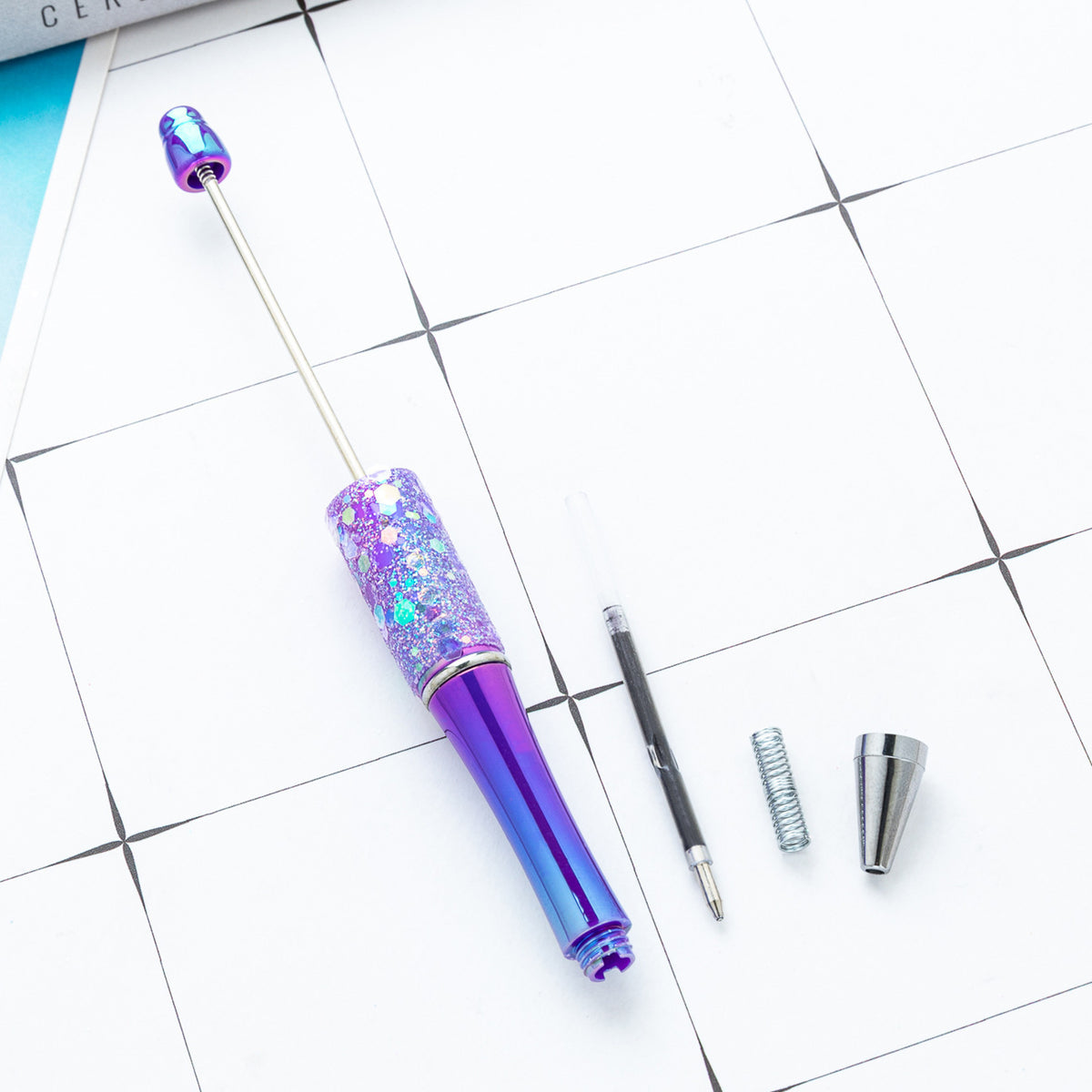 Iridescent Glitter Plastic Beaded Pen Wholesale, UV Gradient Sequin Ballpoint, 15 cm