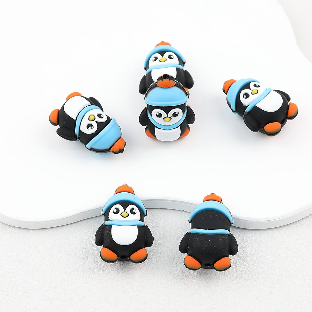 3D Winter Penguin Silicone Focal Beads with Blue Scarf 20pcs - Penguin