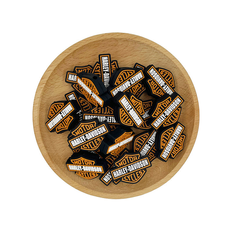 Silicone Focal Beads Harley Davidson Shield Logo Black White Orange 20pcs 2