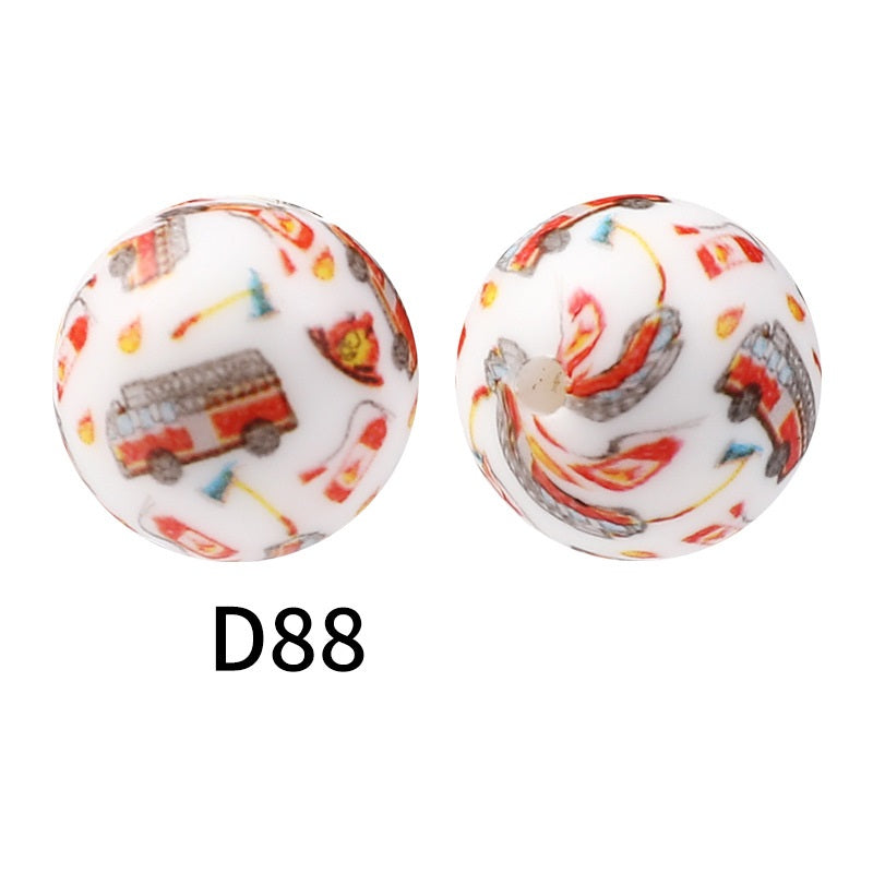 50Pcs 15mm Colored pattern printed silicone beads 90