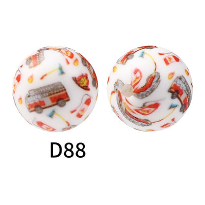 50Pcs 15mm Colored pattern printed silicone beads 90