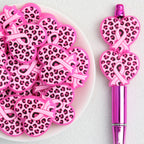 Pink Heart Leopard Print Ribbon Silicone Focal Beads 20pcs 
