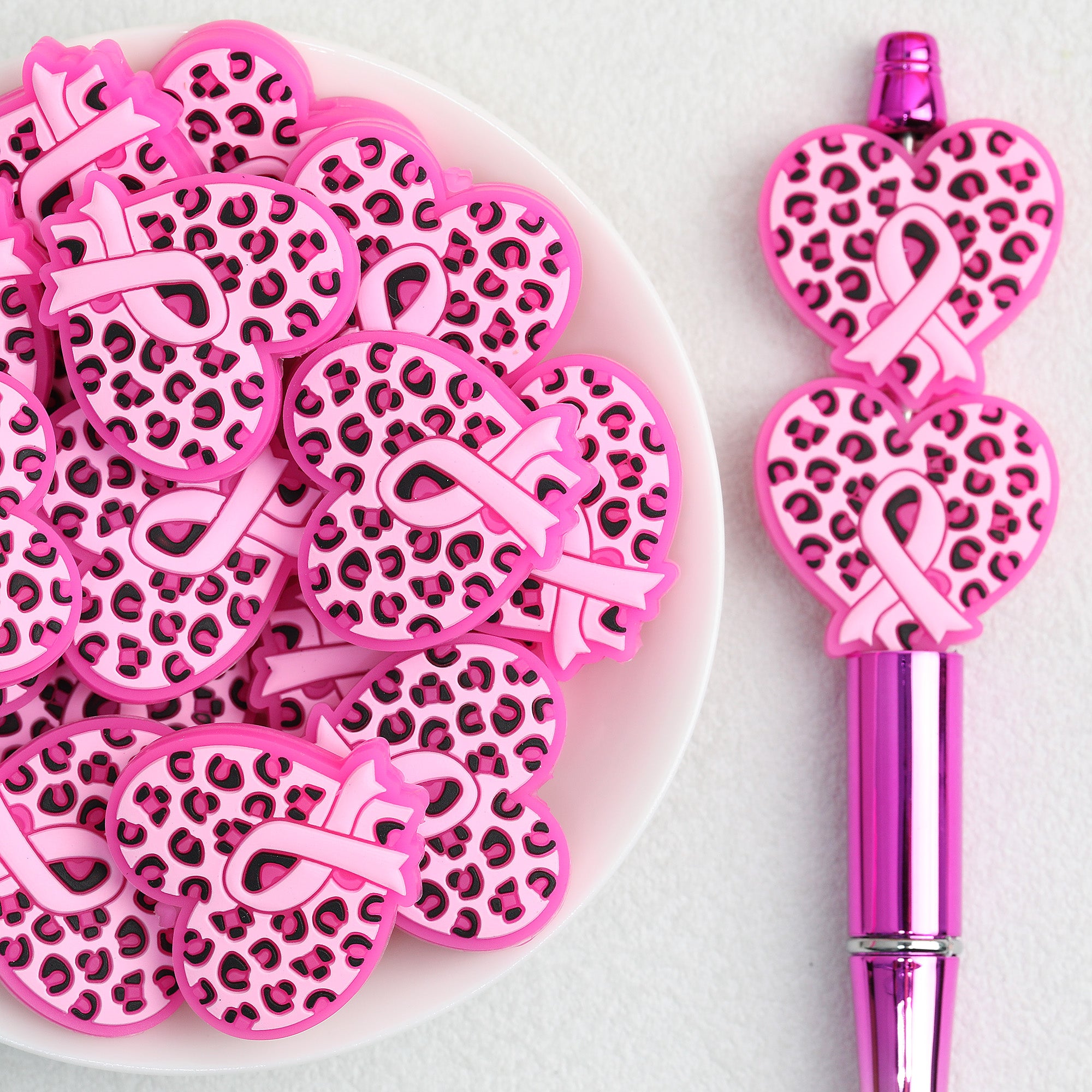 Pink Heart Leopard Print Ribbon Silicone Focal Beads 20pcs 
