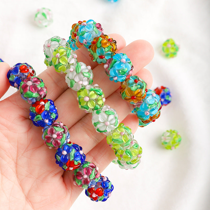 Colorful Flower Pattern Round Glass Beads 15mm 10pcs 2