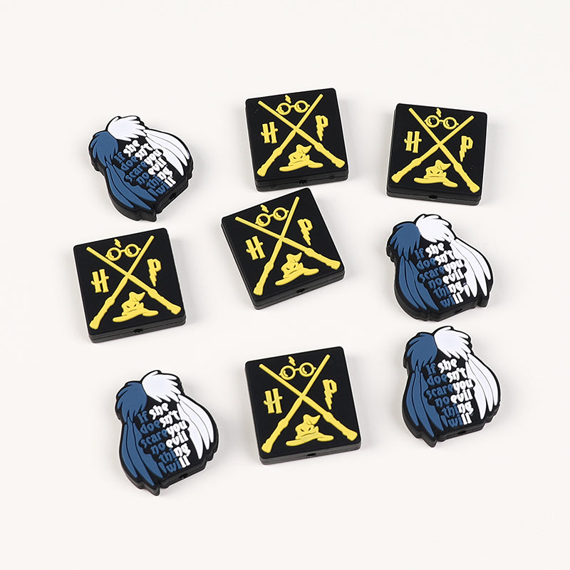 Silicone Focal Beads Witch Magician Black Yellow Symbols 20pcs 4