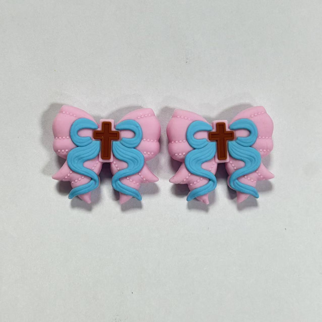 3D Brown Cross Pink Bow Silicone Focal Beads 20pcs
