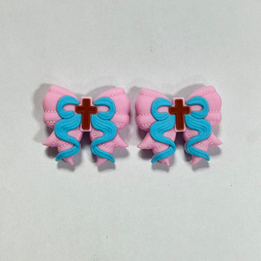 3D Brown Cross Pink Bow Silicone Focal Beads 20pcs