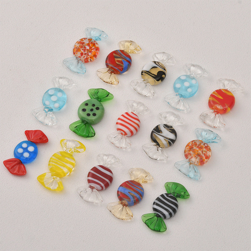 Lampwork Glass Beads Candy Shape 15x28mm Transparent Polka Dotted Stripe 4pcs