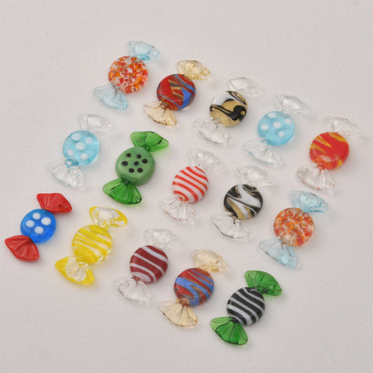 Lampwork Glass Beads Candy Shape 15x28mm Transparent Polka Dotted Stripe 4pcs