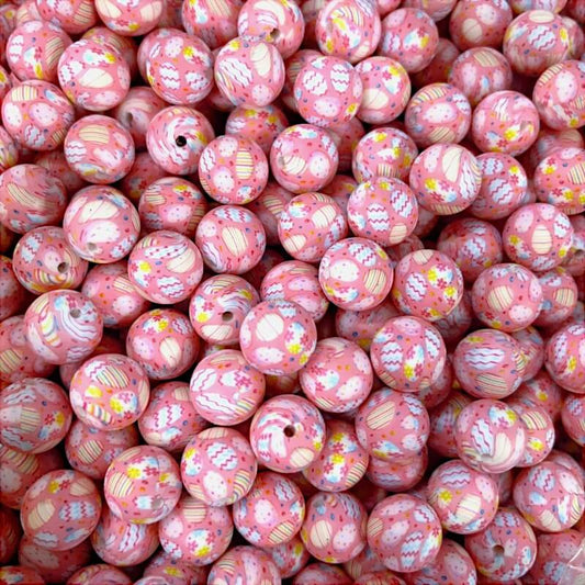 Easter 15mm Silicone Beads Yellow Red Color Egg Printed 50pcs 2