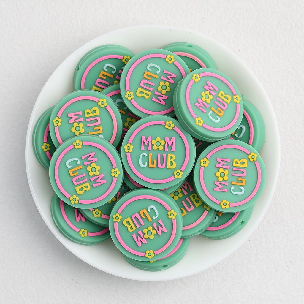 Green Round Silicone Focal Beads Mom Club Design 20pcs