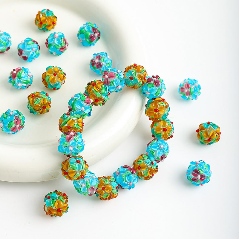 Colorful Flower Pattern Round Glass Beads 15mm 10pcs