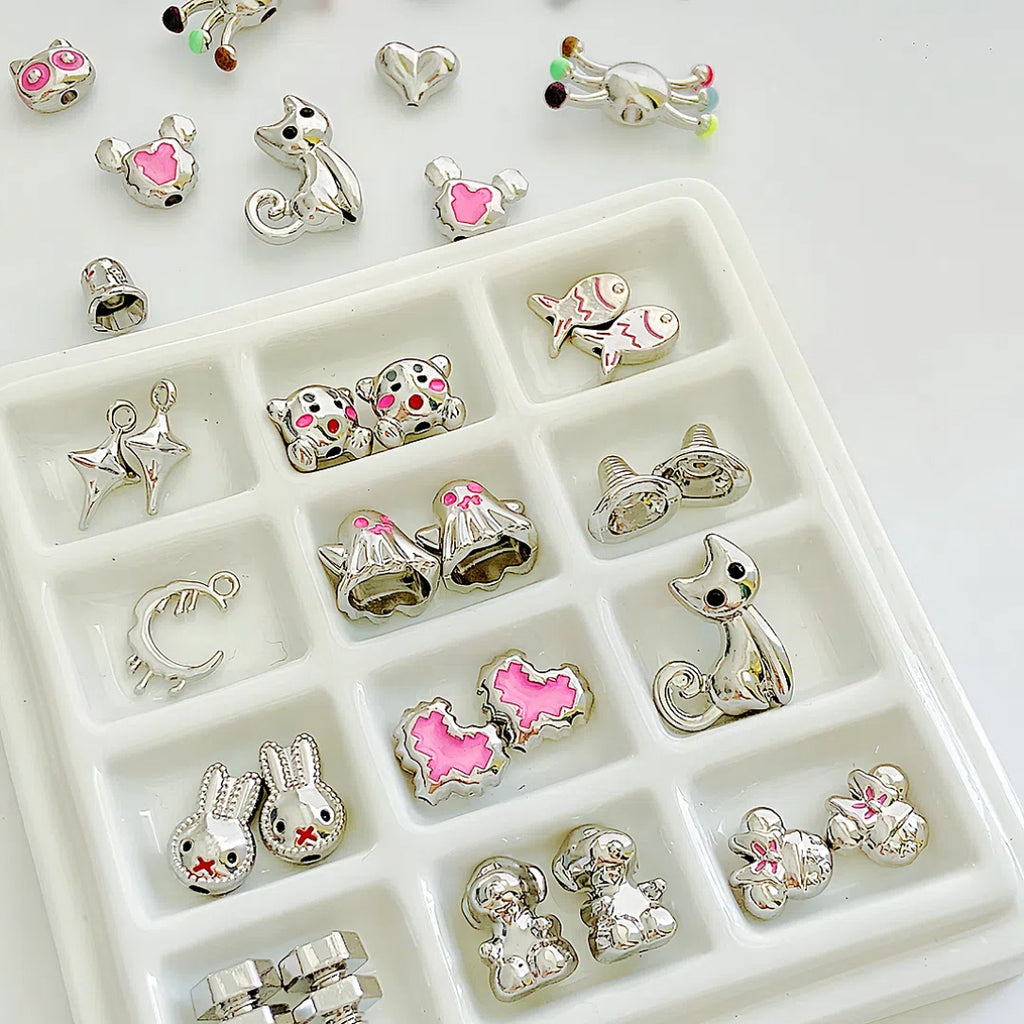Cartoon Metal Beads Silver Pink Tone Playful Enamel 10pcs