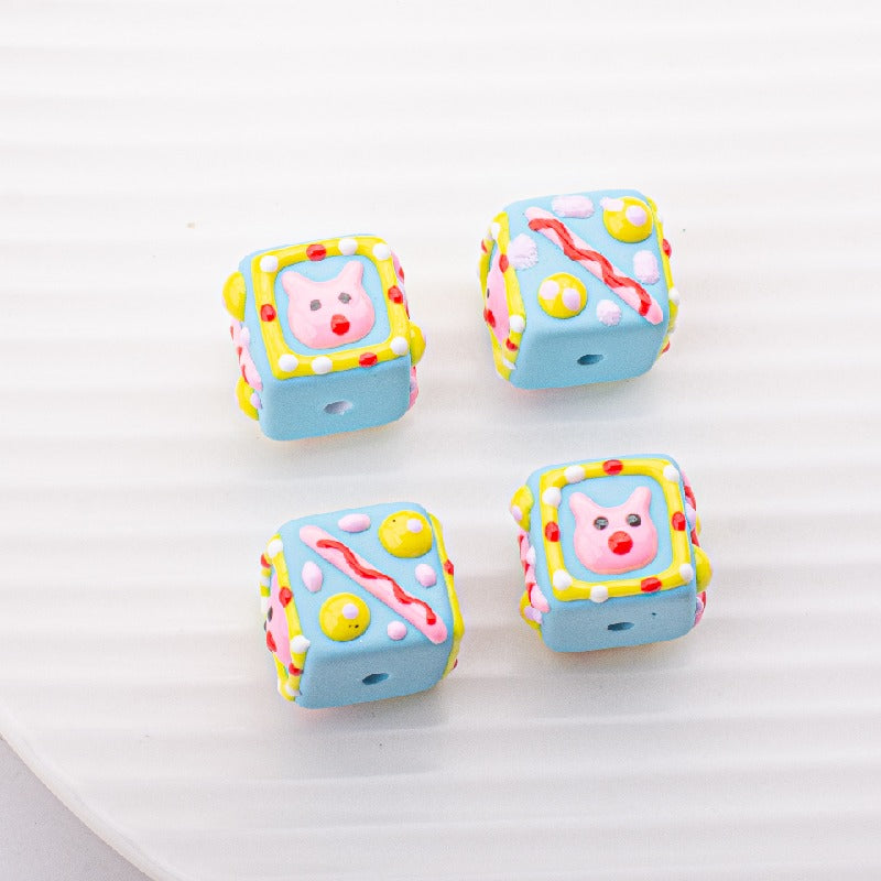 Painted Square Acrylic Beads 15mm Circus Pig Rabbit Expression 5pcs 3
