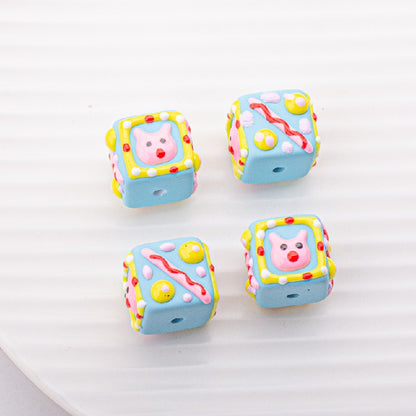 Painted Square Acrylic Beads 15mm Circus Pig Rabbit Expression 5pcs 3