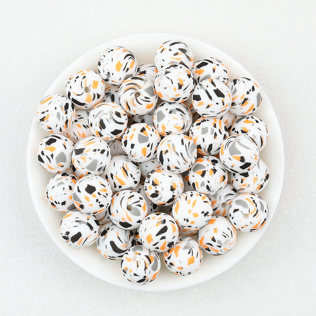 15mm Multicolor Patterned Printed Round Silicone Beads 50pcs - Glass