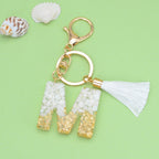 Tassel Letter A Keychain Resin Gold Flakes White Tassel 16