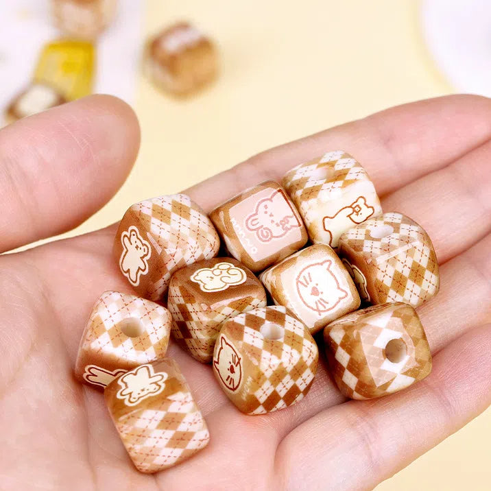Coffee Colored Checkered Teddy Bear Square Acrylic Beads 14mm 10pcs 3