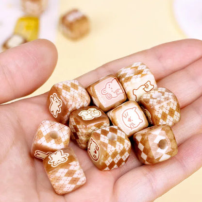 Coffee Colored Checkered Teddy Bear Square Acrylic Beads 14mm 10pcs 3