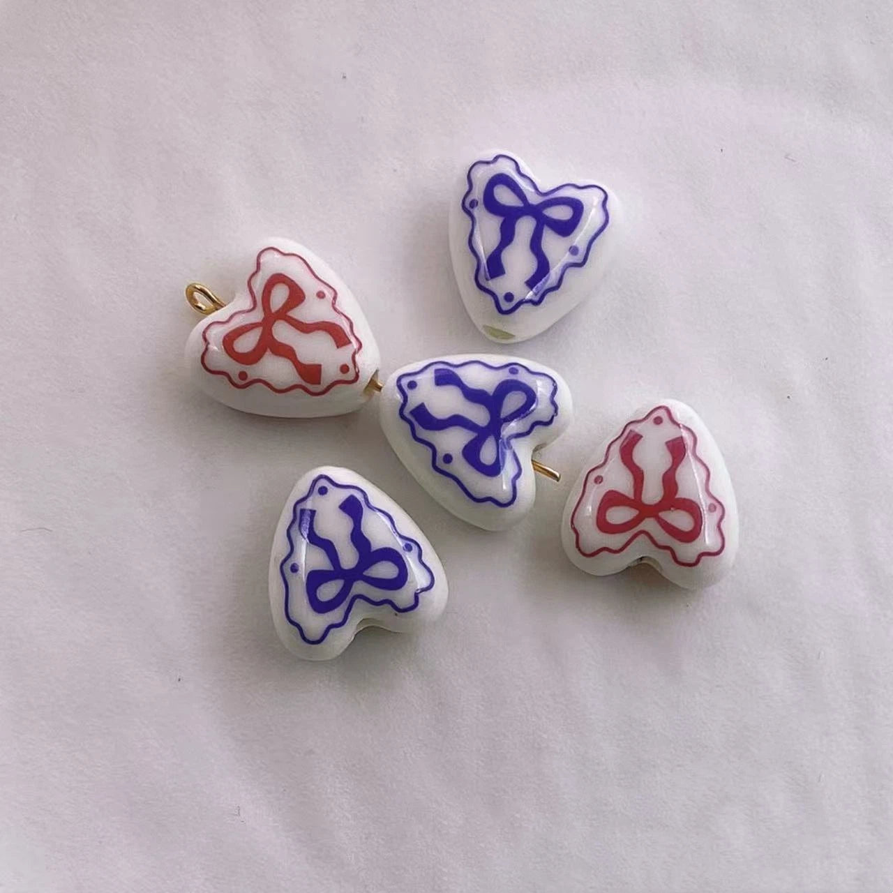 Heart Ceramic Beads 15mm Bow Pattern Lace Glazed 10pcs 4