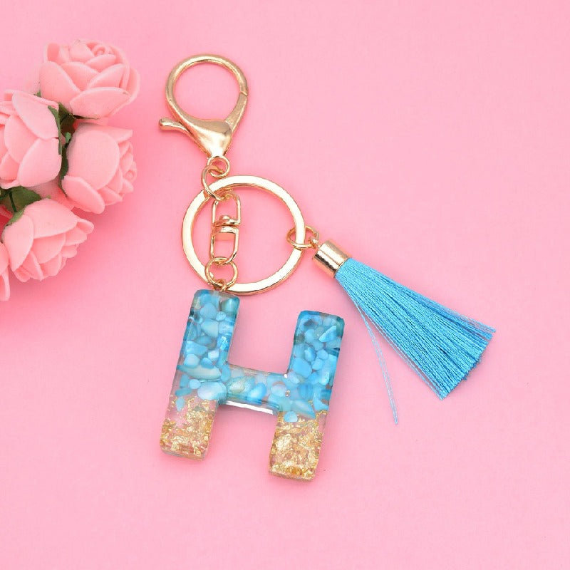 Blue Resin Tassel Monogram Keychain with Gold Flake Accent 10