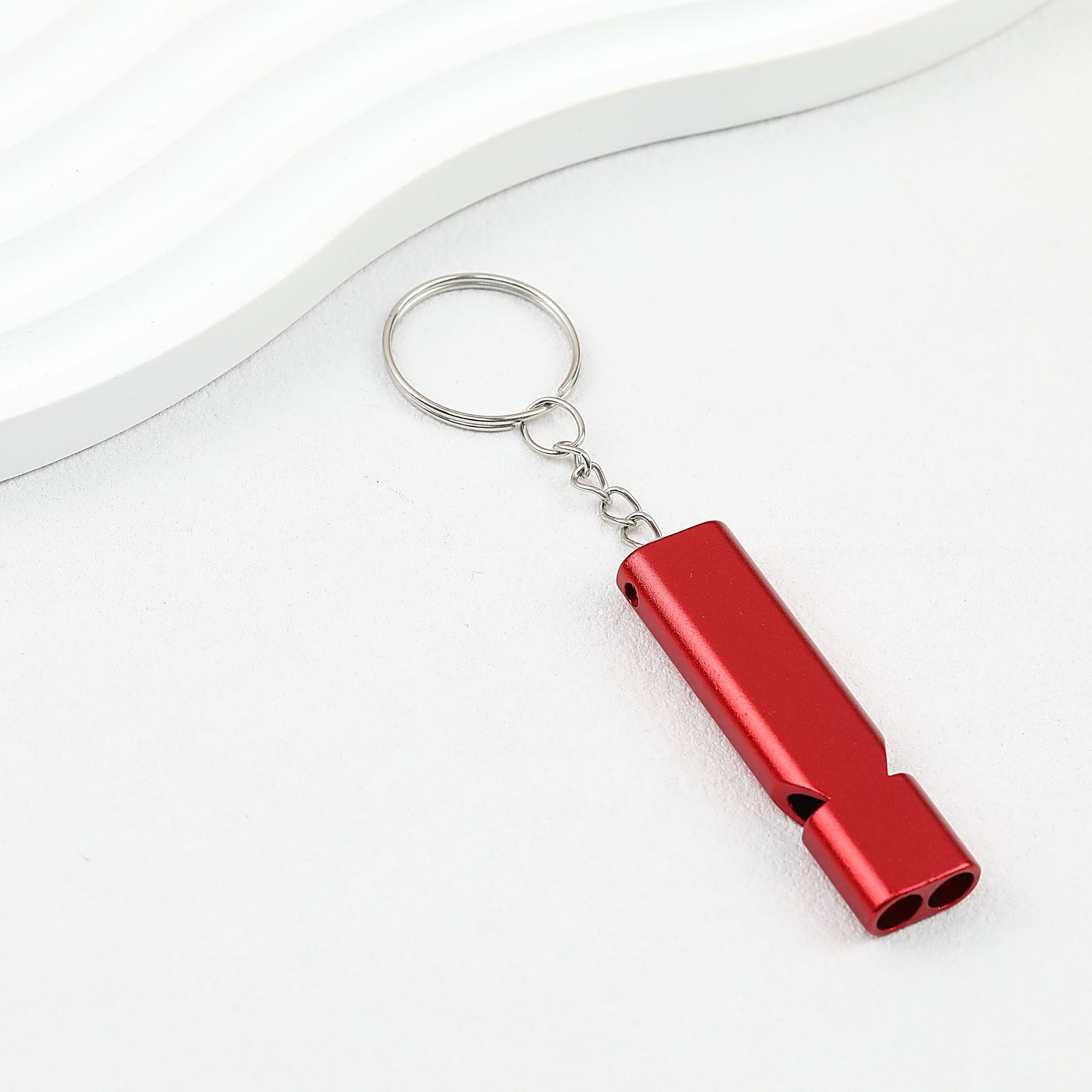 Survival Whistle Keychain Flat Aluminum Alloy Double Tube Self Defense - Red