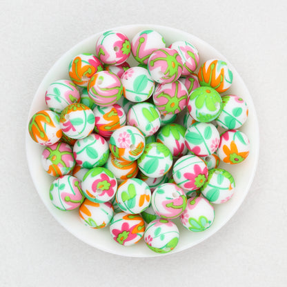 15mm Floral Pattern Silicone Beads Pastel Print 50pcs 6