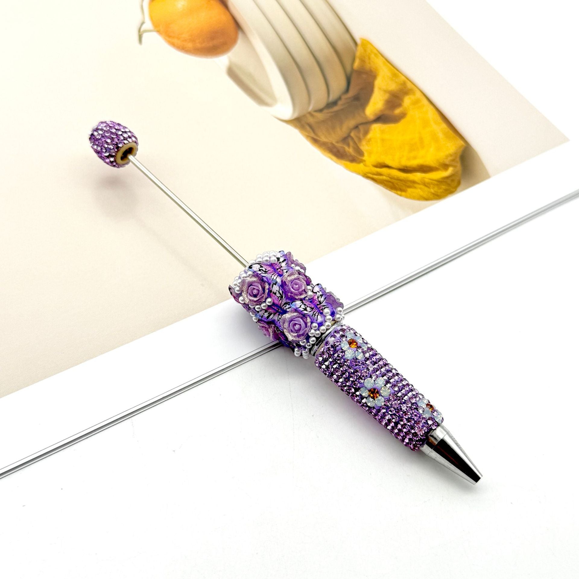 Beadable Pen with Butterfly and Rose Pearls Decorative Handle  14