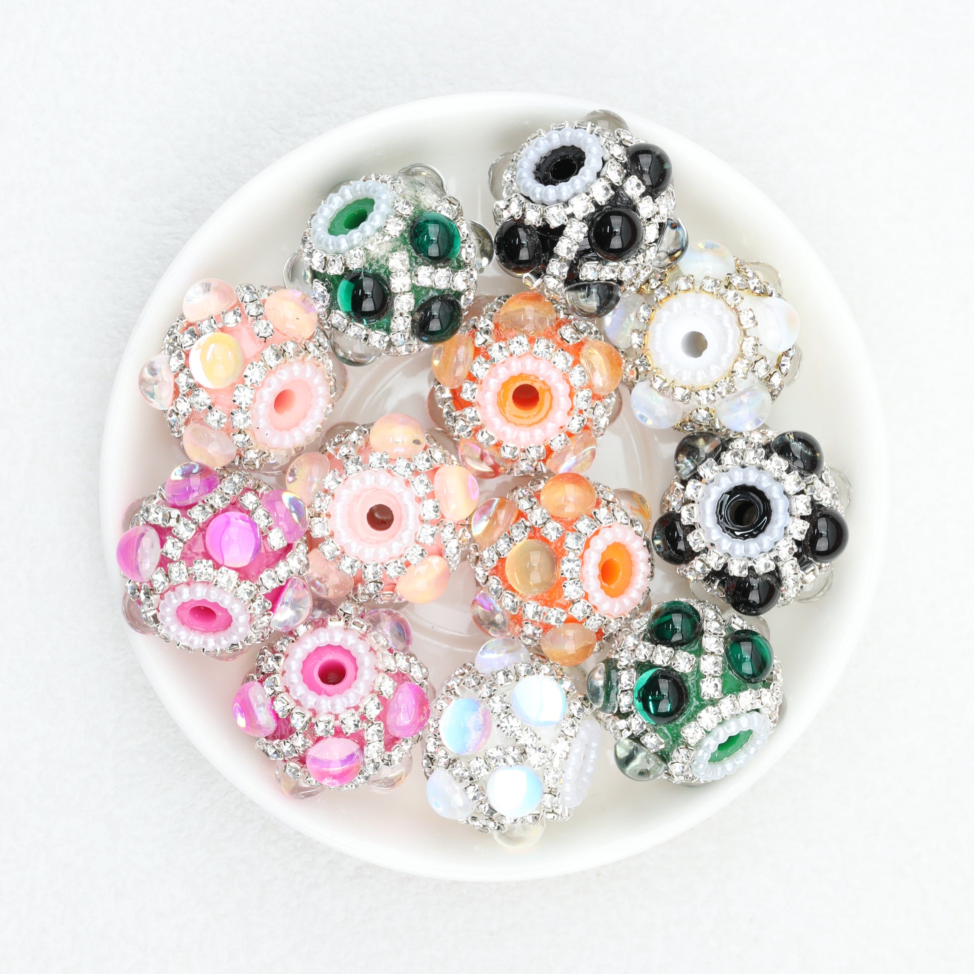 Vintage Cat Eye Acrylic Beads Rhinestone Embellished 22mm 10pcs 2