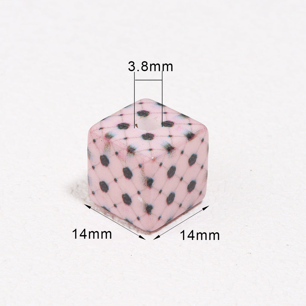 Colored Cube Acrylic Beads 14mm Printed Rose Pattern 10pcs 4