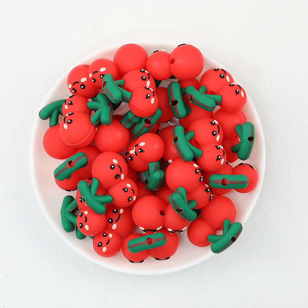 Silicone 3D Focal Beads Cherry Smiling Face Stem 20pcs