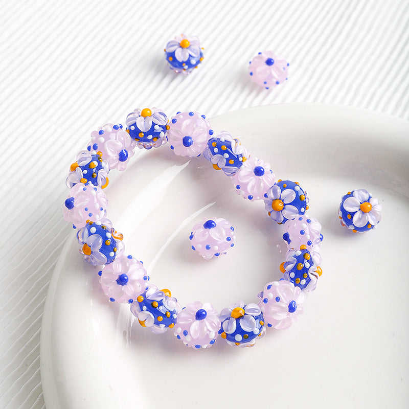 Colorful 14mm Floral Round Glass Beads with 2mm Hole 10pcs 3