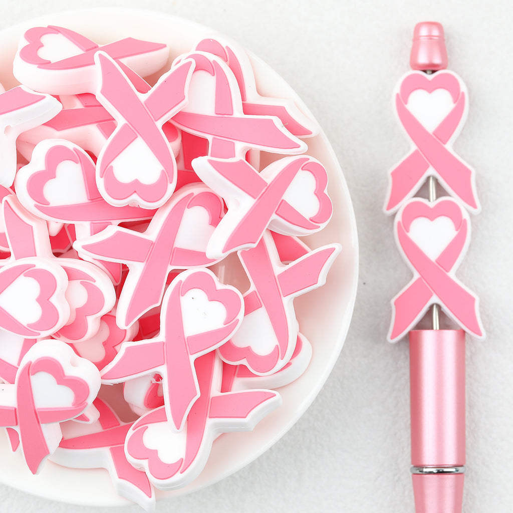  Pink Heart Ribbon Silicone Focal Beads 20Pcs