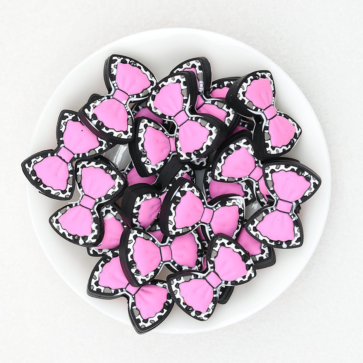 Cow Print Bow Silicone Focal Beads Pink Light Pink Green 20pcs - Pink