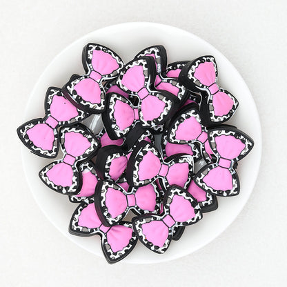 Cow Print Bow Silicone Focal Beads Pink Light Pink Green 20pcs - Pink